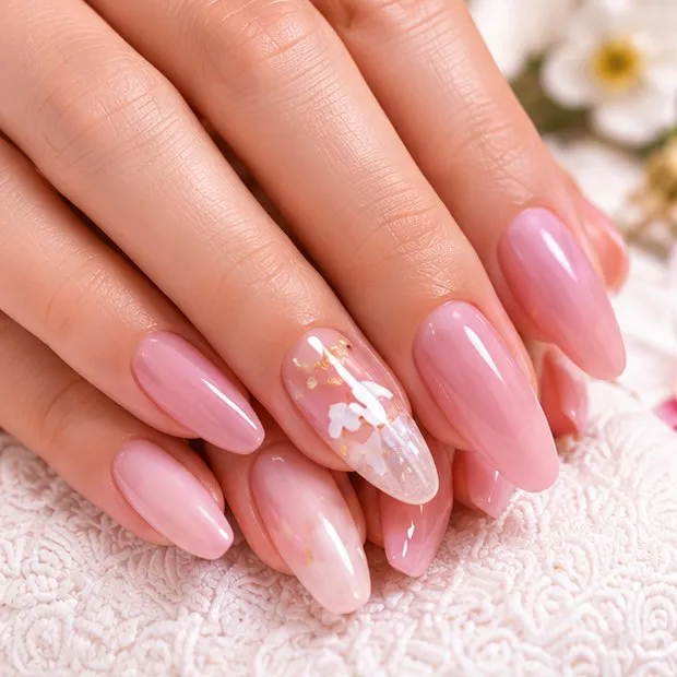 Pink almond manicure with flower accents