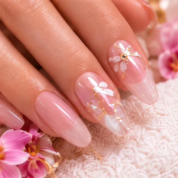 Nude almond nails with flower art