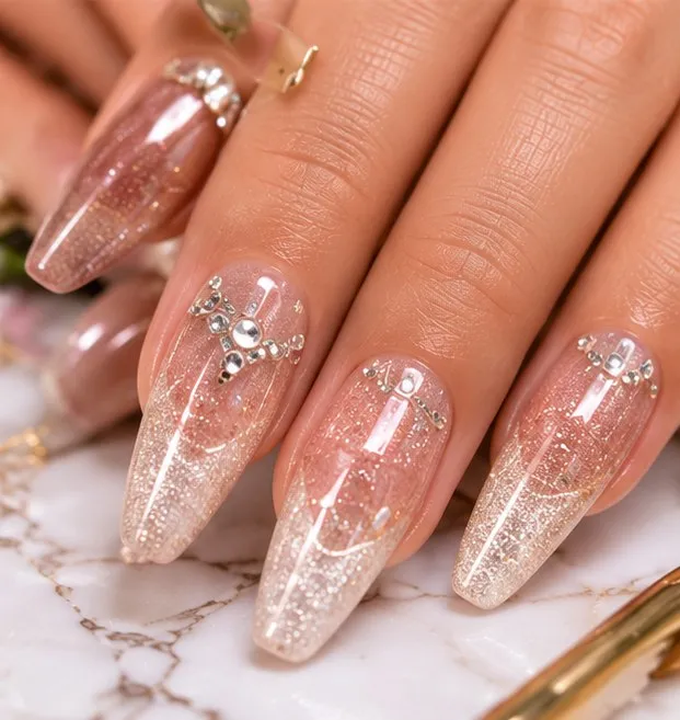 Glitter acrylic nails with rhinestones