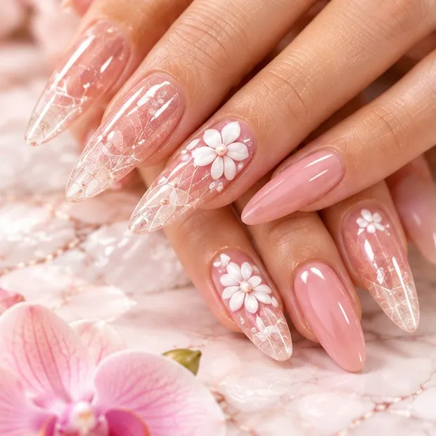 Clear acrylic nails with white flower art