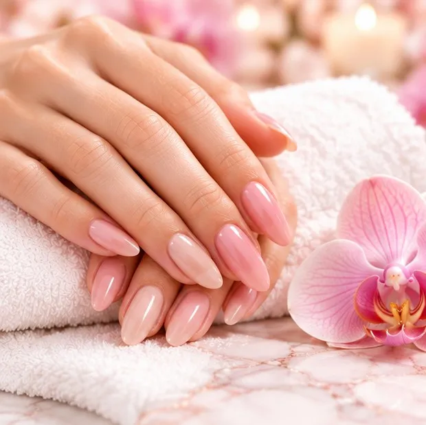 Soft pink manicure on a white towel
